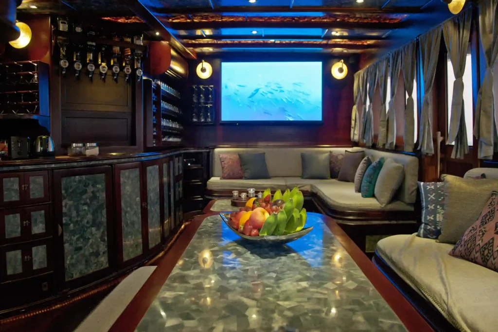 Indoor Lounge Area on Manta Mae Liveaboard | Raja Ampat Tour Package | Komodo Luxury