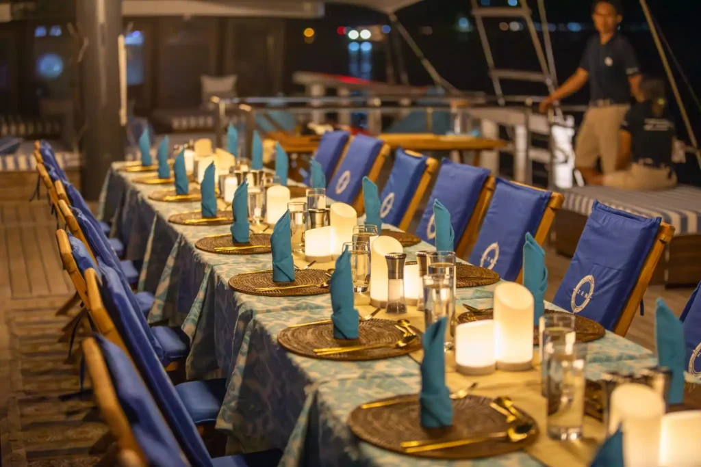 Dining Area Scubaspa Zen Liveaboard Phinisi Boat Charter | Komodo trip | Raja Ampat trip | Komodo Luxury